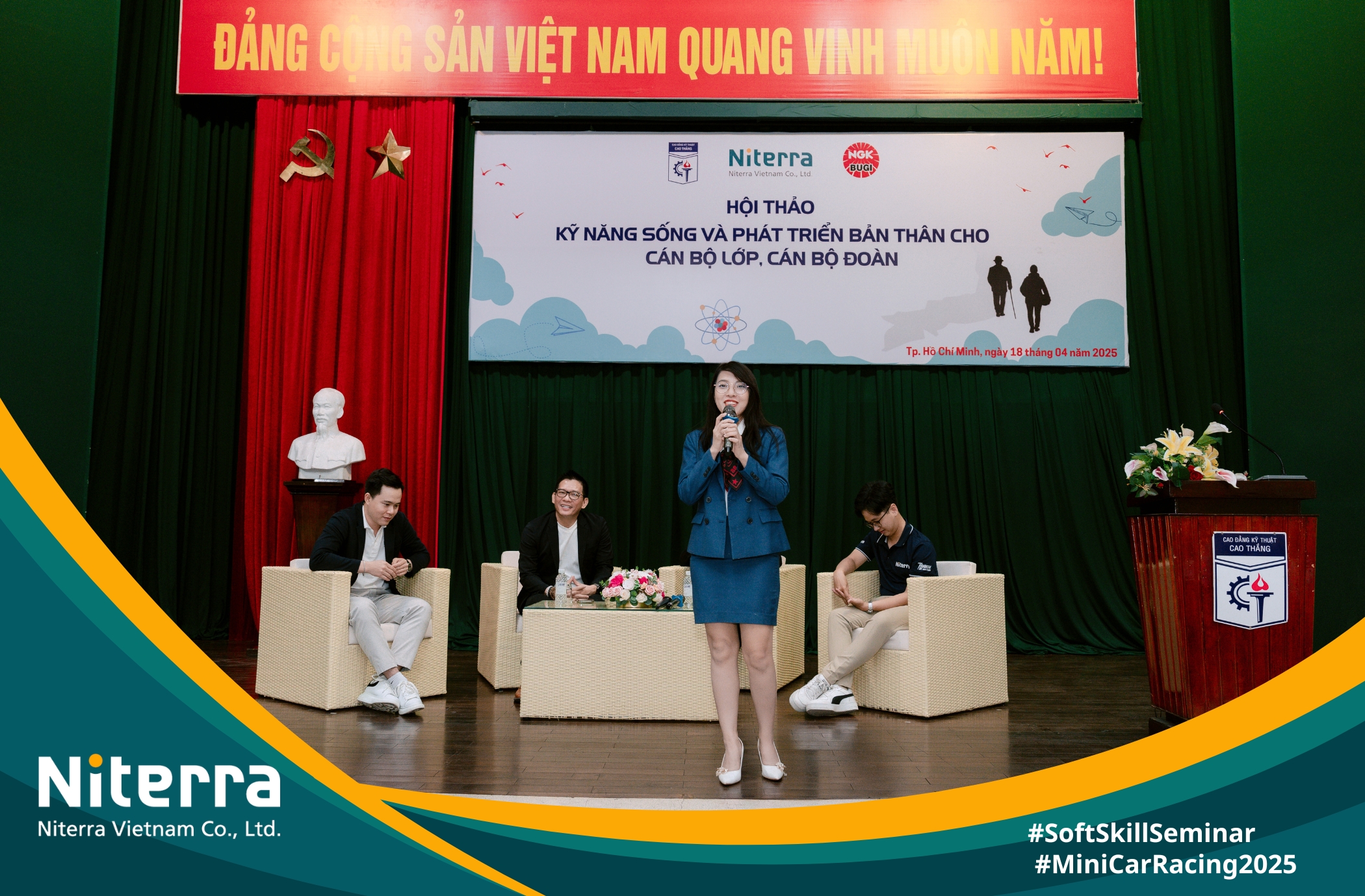 Ông Trần Thanh Kha cùng các đại diện khác của Niterra Việt Nam chia sẻ trên sân khấu.